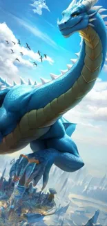 Majestic blue dragon soaring above a mystical city with birds in the sky.