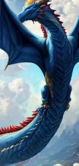 Vibrant blue dragon soaring in cloudy sky wallpaper.