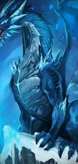 Majestic blue dragon with icy scales on a cliff.