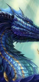 Majestic blue dragon artwork with vivid scales and serene background.