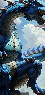 Blue dragon with sharp scales roars majestically against a fantasy sky.