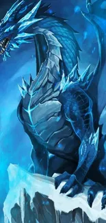 Majestic blue dragon perched on ice.