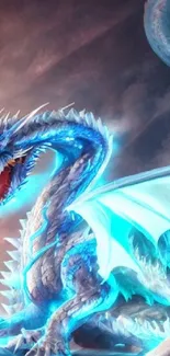 Majestic blue dragon wallpaper with glowing wings and vibrant colors.