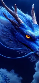 Dynamic blue dragon artwork with glowing eyes on a dark background.