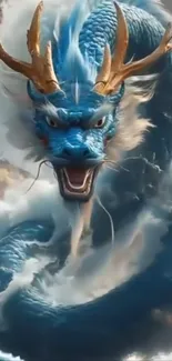 Majestic blue dragon amidst ocean waves with artistic flair.