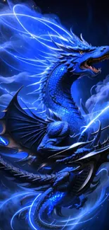 Majestic blue dragon breathing fire in a night sky, digital fantasy art.