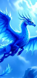 Majestic blue dragon soaring in the sky, wings spread wide.