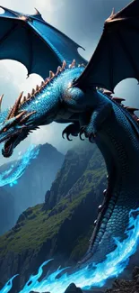 Majestic blue dragon flying over a mountain landscape with vibrant flames.