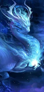 Mystical blue dragon with a magical aura on a mobile wallpaper.