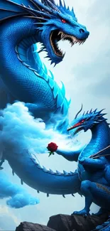 Majestic blue dragon with red eyes and a rose on a rocky cliff.