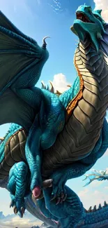 Majestic blue dragon with open wings against a vibrant sky background.