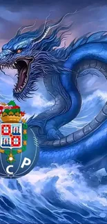 Illustration of a fierce blue dragon over ocean waves with a crest.