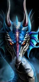 Captivating blue dragon with fiery eyes on dark background.