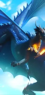 A blue dragon soaring in a fantasy sky, holding a glowing sword.