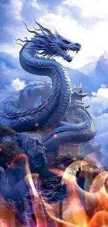 Majestic blue dragon curled atop mountain in a fantasy landscape.