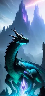 Blue dragon standing majestically in a mystical mountain setting.