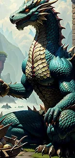 Majestic blue dragon sitting by eggs in a fantasy setting with mountains and trees.