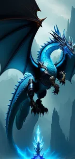 Majestic blue dragon flying over a canyon with vibrant hues.