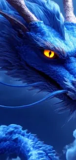 Majestic blue dragon with glowing eyes and scales in a mystical scene.