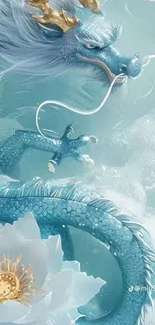 Majestic blue dragon with ethereal clouds.