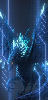 Intricate blue dragon with glowing wings on dark background.