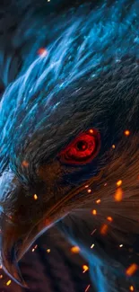 A fierce blue eagle with fiery red eyes and glowing sparks in the background.