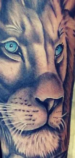 Realistic blue-eyed lion tattoo art on mobile wallpaper.