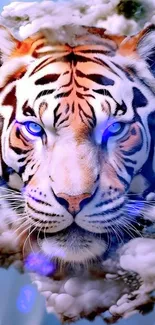 Majestic tiger with blue eyes surrounded by clouds, digital art.