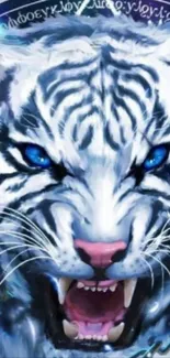 Realistic blue-eyed tiger art in vibrant colors.