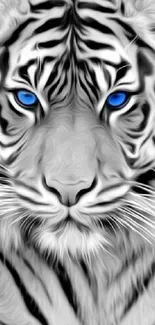 Blue-eyed white tiger digital artwork featuring striking stripes.