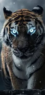 Majestic tiger with glowing blue eyes in a dark forest setting, stunning mobile wallpaper.