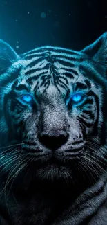 Majestic tiger with glowing blue eyes on a dark background, exuding mystery.