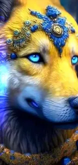 Majestic wolf with blue eyes and golden adornments in artistic wallpaper.