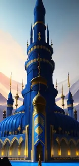 Majestic blue castle with golden accents in fantasy setting.