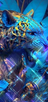 Blue and gold tiger with foliage, detailed art.