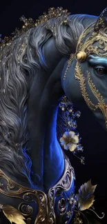 Majestic blue horse with golden accents against dark background.