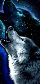 Howling wolves against a cosmic blue sky wallpaper.