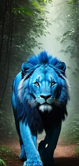 Majestic blue lion walks through lush jungle path.