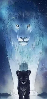 Glowing blue lion and cub under starry sky.