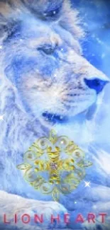 Majestic white lion in blue aura with artistic elements.