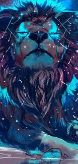 Majestic blue lion artwork with cosmic glow.