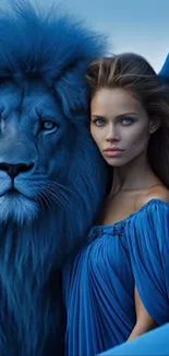 Majestic blue lion with serene figure in a fantasy setting.