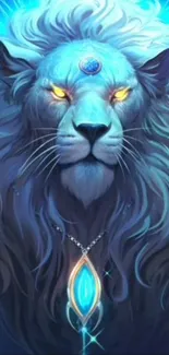 Majestic blue lion with glowing eyes on a digital art mobile wallpaper.