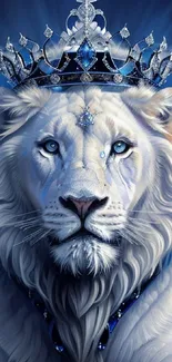 Regal white lion with a jeweled crown against a deep blue backdrop.