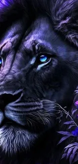 A majestic lion with glowing blue eyes on a vibrant wallpaper.