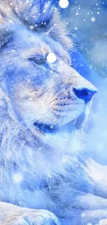 Majestic blue lion in serene snowy setting, perfect for mobile wallpaper.