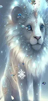 Fantasy lion with glowing blue mane in a digital artwork.