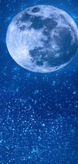 A stunning blue night sky with a full moon and sparkling stars.