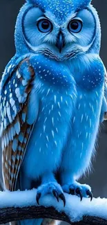 Blue owl perched on a snowy branch with striking feathers.