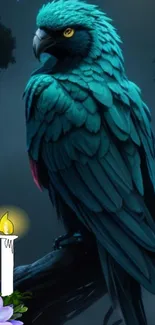 A majestic blue parrot on a branch with candle light.